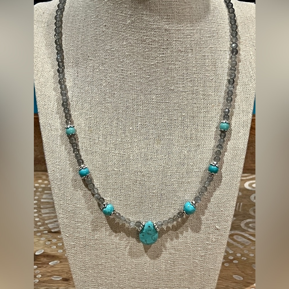 Shimmering Flash Labradorite & Turquoise Teardrop Necklace With Toggle Clasp